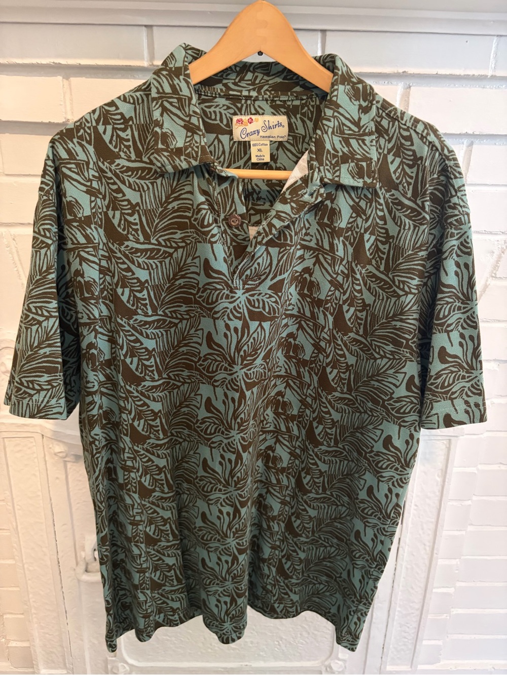 Crazy Shirt Men's Short Sleeve Tropical tiki Print Polo Shirt - GreenBrown SZ XL